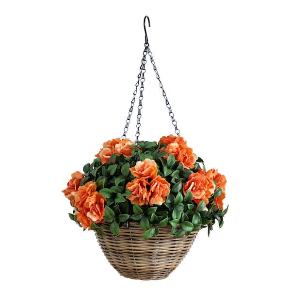 22 in. UV Resistant Orange Artificial Camellia in Hanging Basket (Indoor/Outdoor)