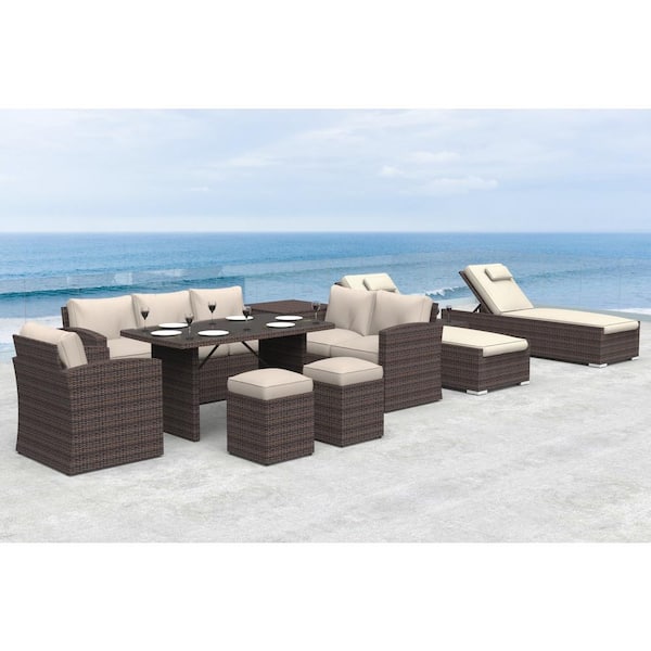 moda furnishings Ivy Bright 10-Piece Wicker Patio Conversation Set with Beige Cushions
