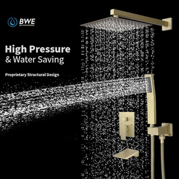 Single Handle 3Spray Tub and Shower Faucet with 12 in. Shower Head 2.5 GPM with High Pressure in. Gold (Valve Included)