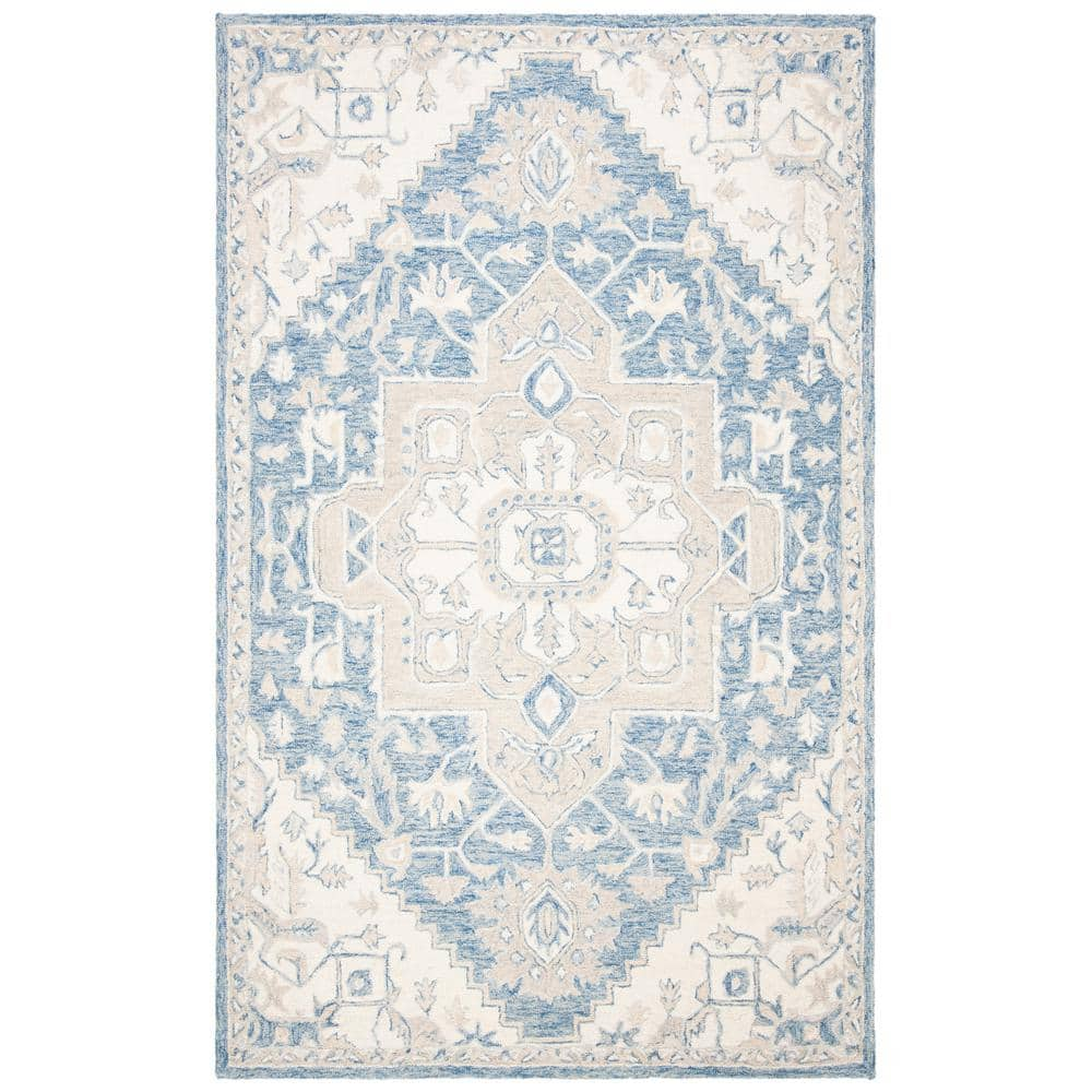 SAFAVIEH Micro-Loop Blue/Ivory 4 ft. x 6 ft. Floral Medallion Area Rug ...