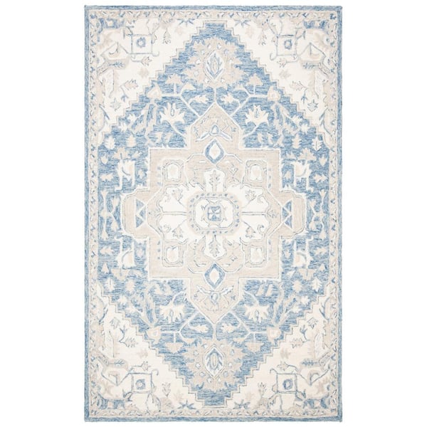 SAFAVIEH Micro-Loop Blue/Ivory 5 ft. x 8 ft. Floral Medallion Area Rug