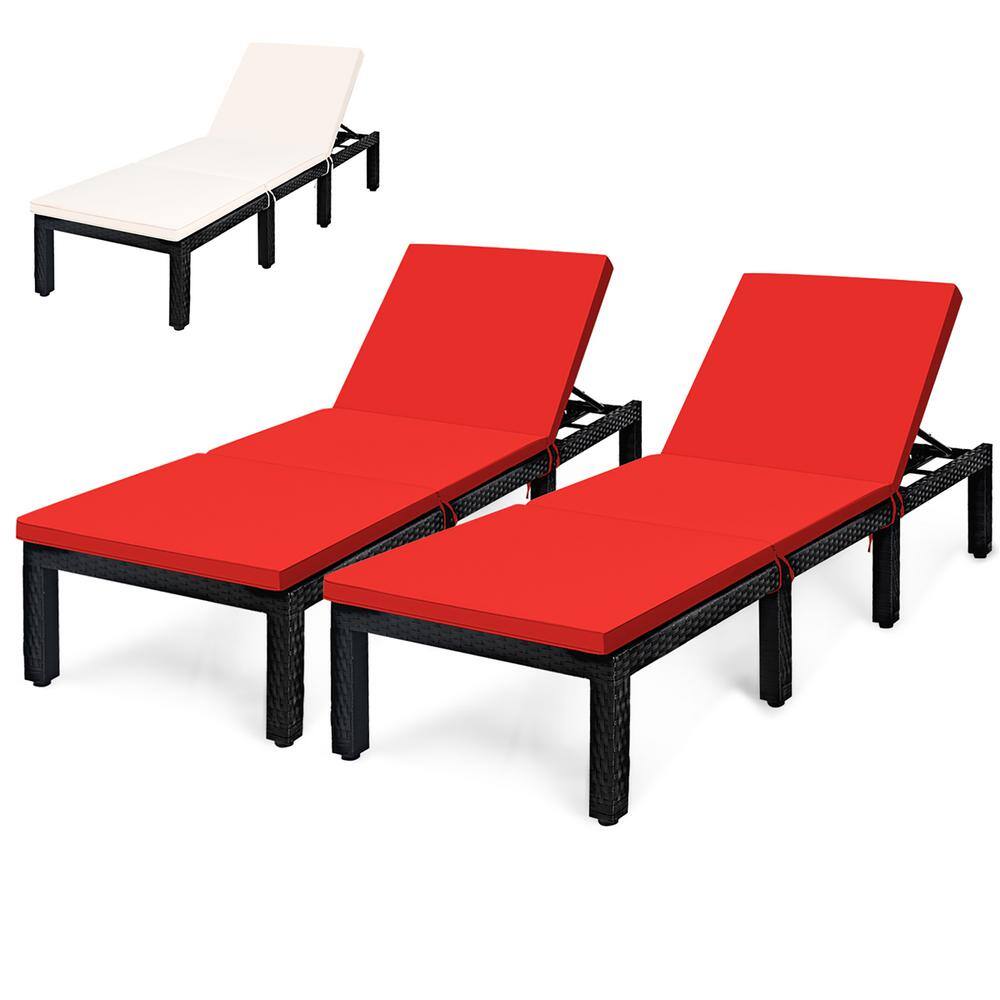 Costway Rattan Patio Outdoor Lounge Chair Chaise Recliner Adjust with Red and Off White Cover Cushions (2-Pack) -  2*HW68749WH-RE