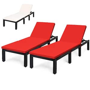 Rattan Patio Outdoor Lounge Chair Chaise Recliner Adjust with Red and Off White Cover Cushions (2-Pack)