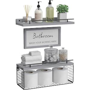15.7 in. W x 6 in. D x 5.5 in. H Grey Wood Decorative Wall Shelf with Bathroom Wall Decor Sign, Set of 3