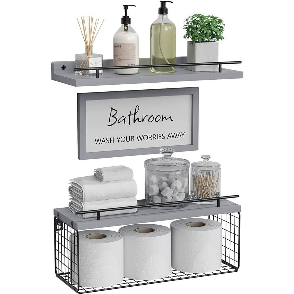 15.7 in. W x 6 in. D x 5.5 in. H Grey Wood Decorative Wall Shelf with Bathr