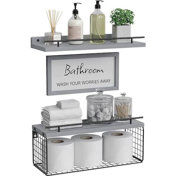 Cubilan 15.7 in. W x 6 in. D x 5.5 in. H Grey Wood Decorative Wall Shelf with Bathroom Wall Decor Sign, Set of 3