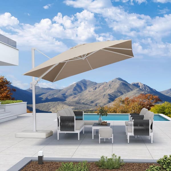 10 foot cantilever square patio umbrella PURPLE LEAF 10 ft. Square Outdoor Cantilever Patio Umbrella White Aluminum  Swivel Offset 360° Rotation Umbrella in Beige with Base ZAXBSMXZ10KKB