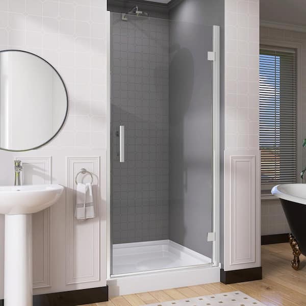 NTQ 30 to 31.25 in. W x 72 in. H Right Hinged Frameless Pivot Swing Shower Door Polished Chrome with Clear Glass and Handle
