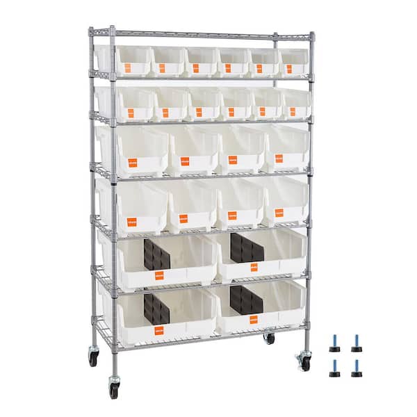 7-Tier Rolling Bin Storage Rack, 24 Organizer Bins, Bin Rack Storage Steel Wire Shelving System with Wheels for Garage
