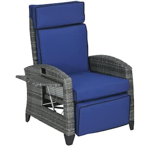 Dark Blue Wicker Outdoor Recliner with Dark Blue Cushions