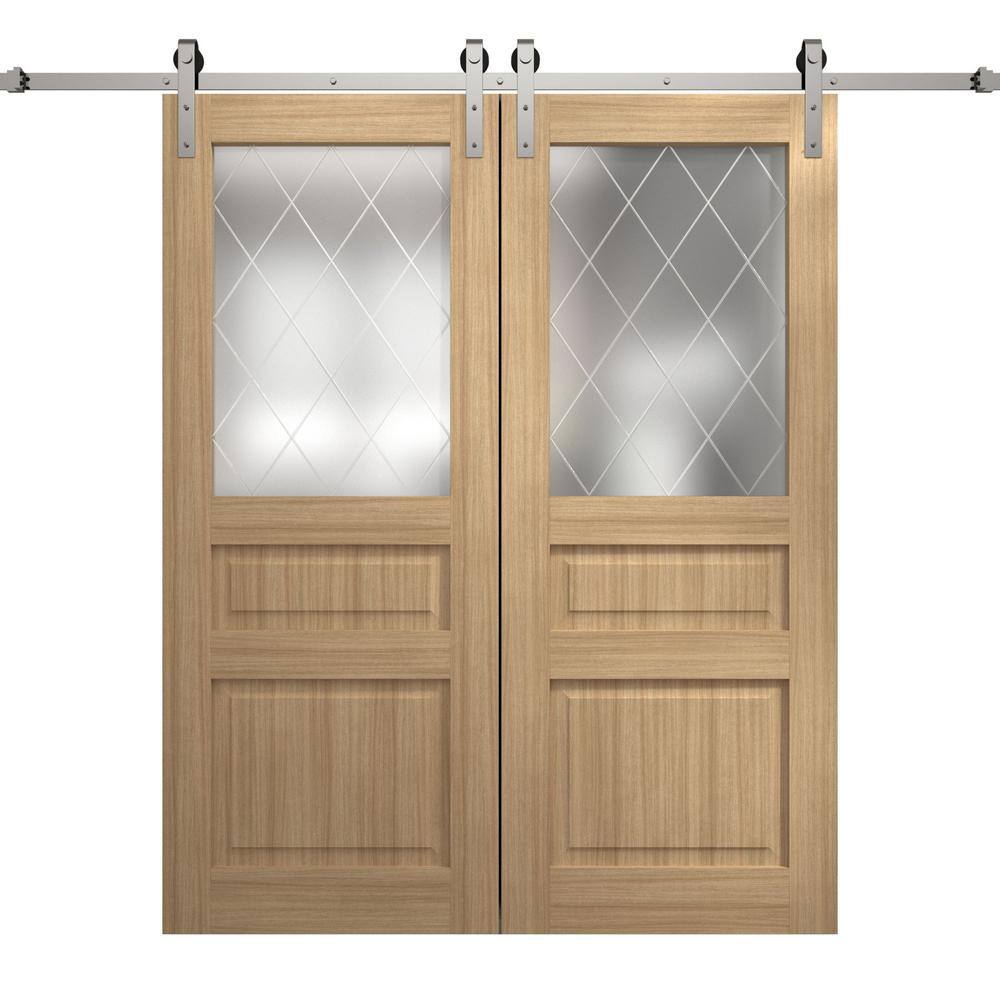 Assemble Required 56 in. x 84 in. Frosted Glass Natural Oak Solid Wood Double Barn Door Slab With Hardware price history on PriceWatchPro