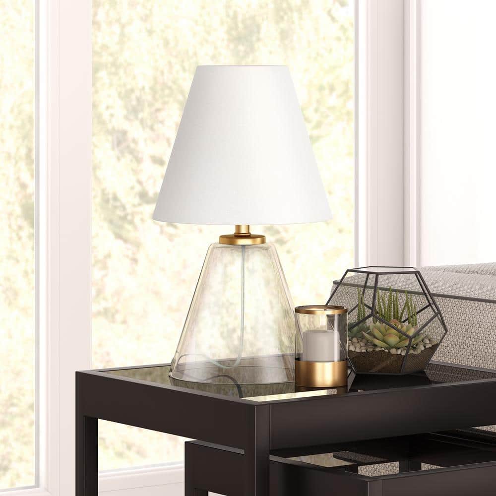 Clear Glass Nightstand Lamp with White Linen Shade