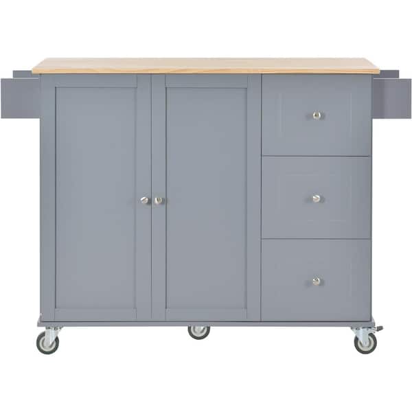 grossag Gray Wood 52.7 in. Kitchen Island with 3-Drawers, Extensible Tabletop and Spice Rack, Towel Rack