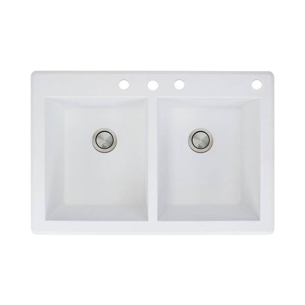 Transolid Radius Drop-in Granite 33 in. 4-Hole Equal Double Bowl Kitchen Sink in White