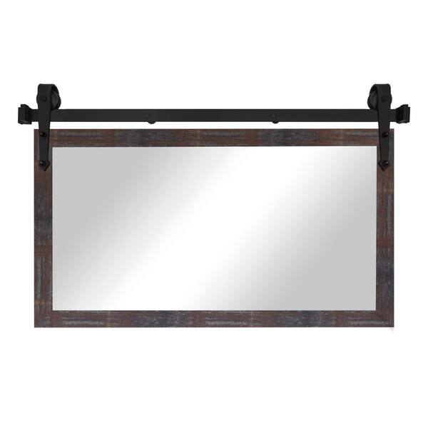 (54 in. W x 33 in. H) Steel Brass Modern Rustic Mirror with Steel Barn Door Rail