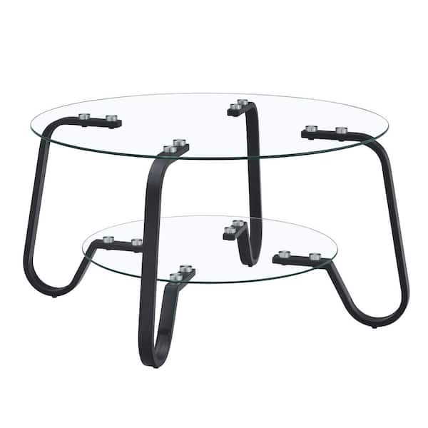 Sudzendf 31.5 in. W Double-Layer Black Metal Outdoor Coffee Table with Tempered Glass Top