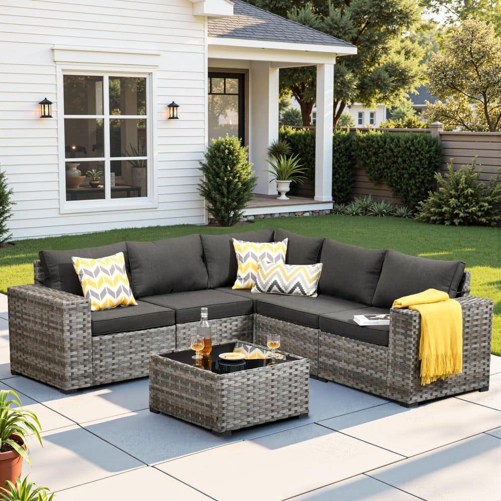 Rouge 6-Piece Wicker Outdoor Sectional Furniture Patio Conversation Sofa Set with a Table and Black Cushions price history on PriceWatchPro
