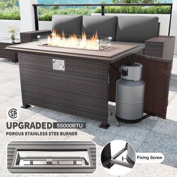 7-Piece Wicker Patio Conversation Set with 55000 BTU Gas Fire Pit Table and Glass Coffee Table and Grey Cushions