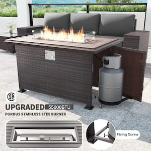 7-Piece Wicker Patio Conversation Set with 55000 BTU Gas Fire Pit Table and Glass Coffee Table and Grey Cushions