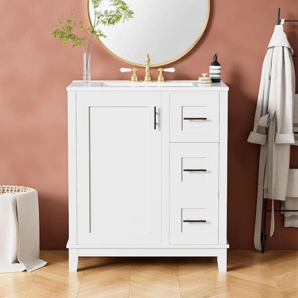 30 in. W Single Sink Freestanding Solid Wood Frame Bath Vanity in White with White Ceramic Top