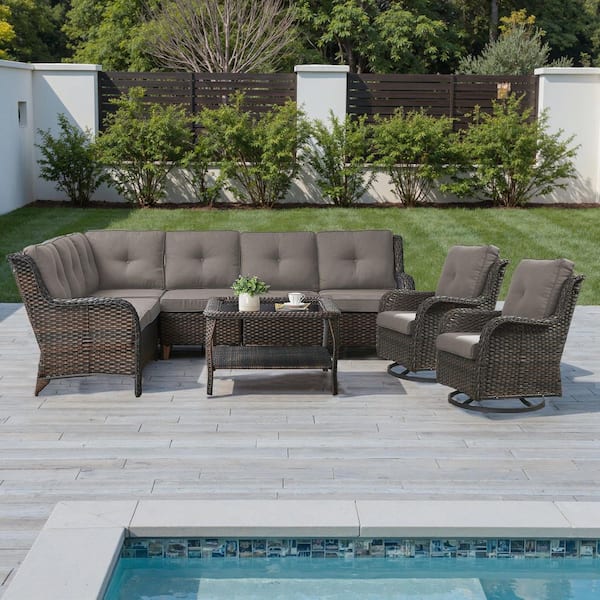 5-Piece Curved Armrest Rattan Wicker Patio Conversation Outdoor Corner Sofa Seating Set with Cushions (Brown/Gray)
