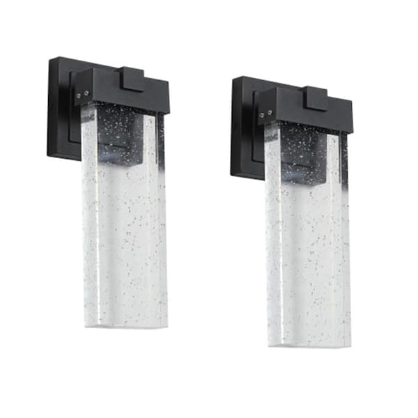 2-Piece Black Frame Outdoor Hardwired Crystal Wall Lamp Lantern Sconces w/Integrated LED Light and Rust-Proof Aluminum