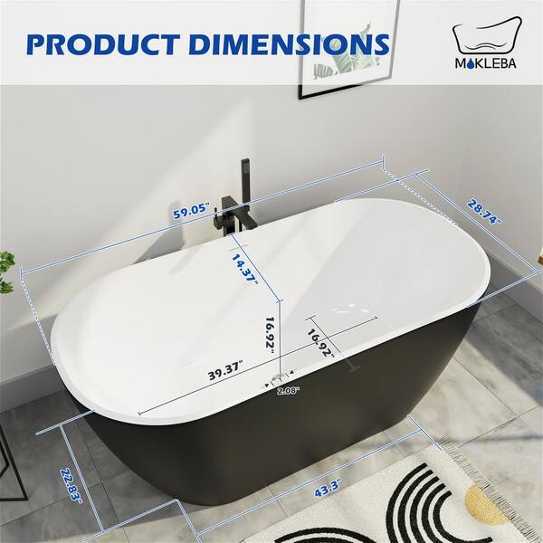59 in. Seamless Acrylic Flatbottom Not-Whirlpool Stand Alone Freestanding Bathtub with Soaking SPA in Gray