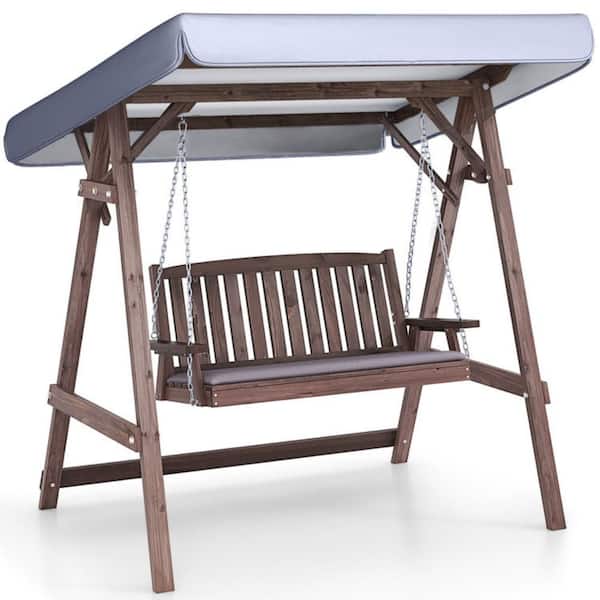 2-Person Wood Patio Swing with Fir Wood Stand and Tilt Canopy