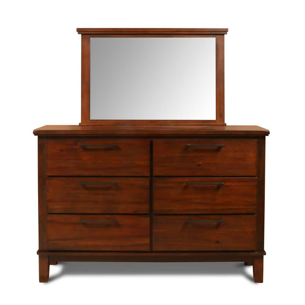 Chestnut Brown Wood 6-Drawer Dresser with Mirror