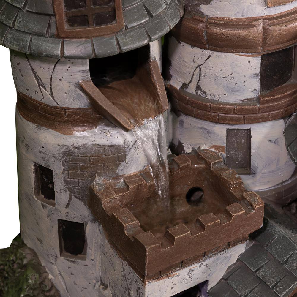 35" Gray Cement Outdoor Castle Fountain with LED Lights