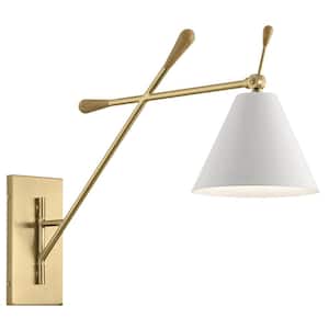 Finnick 20 in. 1-Light Champagne Gold and Natural Maple Bathroom Indoor Wall Sconce Light with White Shade