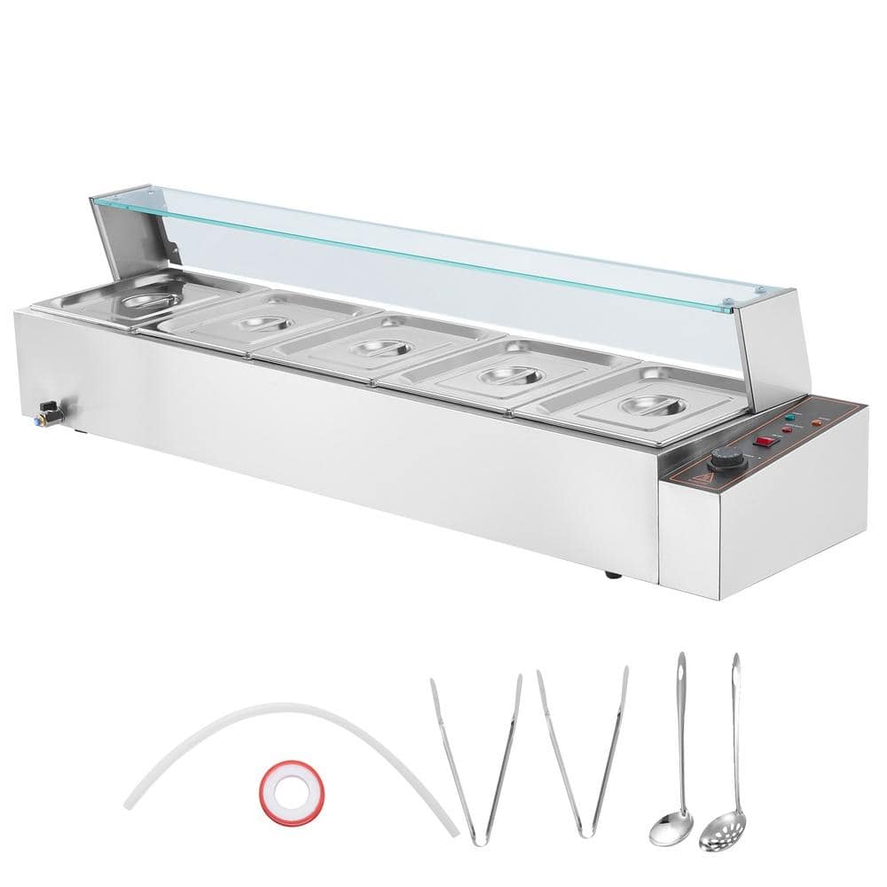 5-Pan Commercial Food Warmer 5 x 8 qt. Electric Steam Table with Glass Cover 1700W Countertop Stainless Steel Buffet