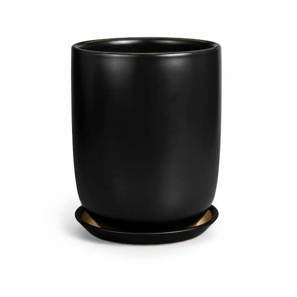 8 in. Black Ceramic Cylinder Planter (Drainage and Saucer)