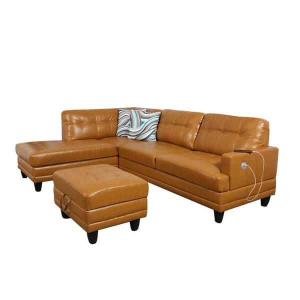 Ginger Faux Leather 4 Seat L Shaped, 3 Piece Leather Sectional Sofa