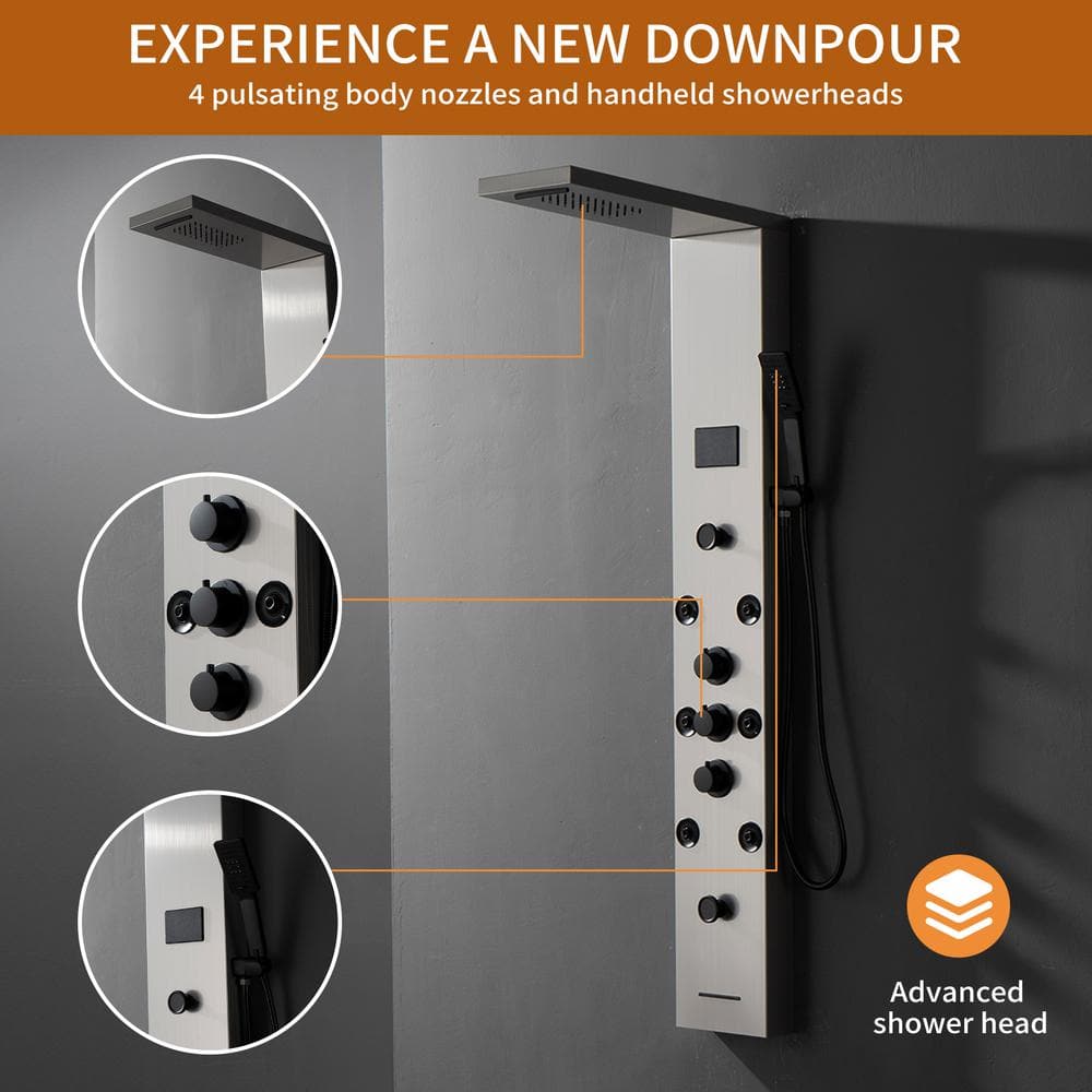Brushed Nickel 8-Spray Rain Shower Panel System with Handheld Wand