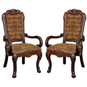 Traditional 46.5 in. H Brown Fabric Upholstered Arm Chair with Carving (Set of 2)