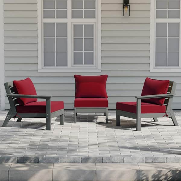 Birchwood Gray Arrangeable 3-Piece HDPE Deep Seating Outdoor Patio Conversation Sofa Arm Chair Set w/ Red Cushions