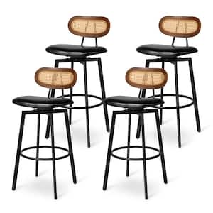 30 in. Seat Height Modern Black Leatherette Swivel Bar Stool with Metal Frame, Walnut Faux Rattan Backrest Set of 4