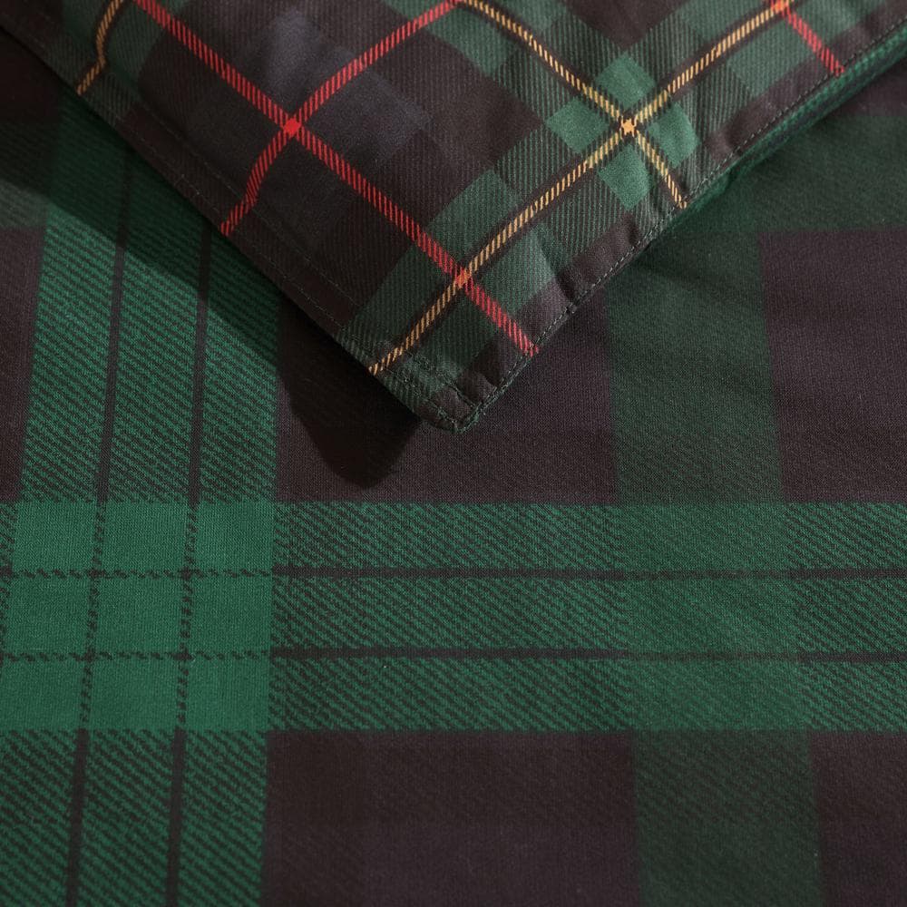 Twin Green and Navy Cotton Tartan Plaid Duvet Cover Set