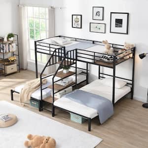 Black Twin over Twin Metal Triple Bunk Bed with Storage Shelves Staircase