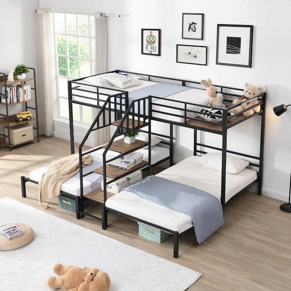 Harper & Bright Designs Black Twin over Twin Metal Triple Bunk Bed with Storage Shelves Staircase