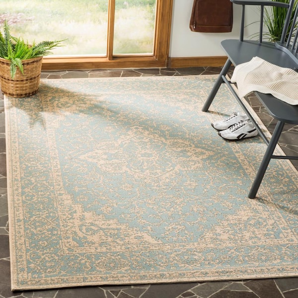Linden Aqua/Cream 7 ft. x 7 ft. Border Antique Medallion Indoor/Outdoor Square Area Rug