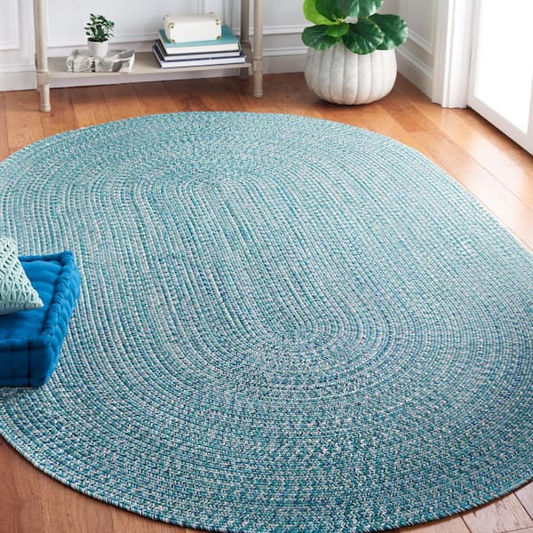 Braided Teal/Green 4 ft. x 6 ft. Machine Washable Concentric Woven Oval Area Rug