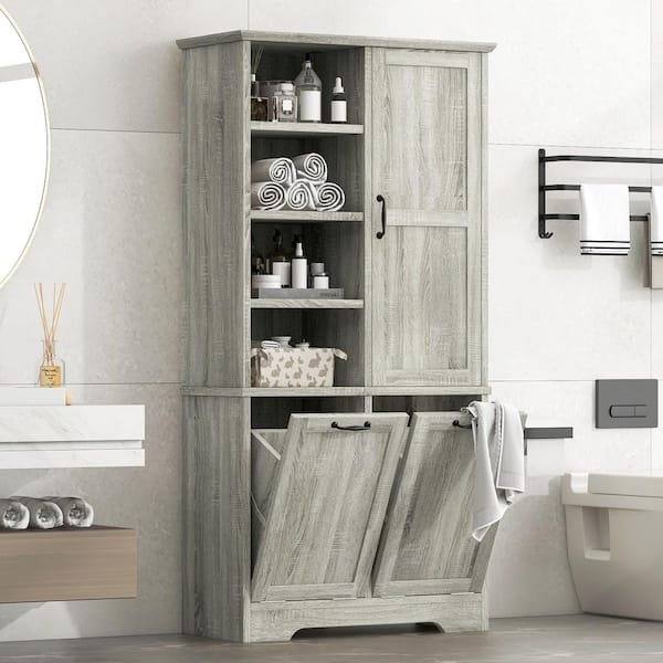 31 in. W x 14 in. D x 68 in. H Brown Oak MDF Freestanding Linen Cabinet with Adjustable Shelf