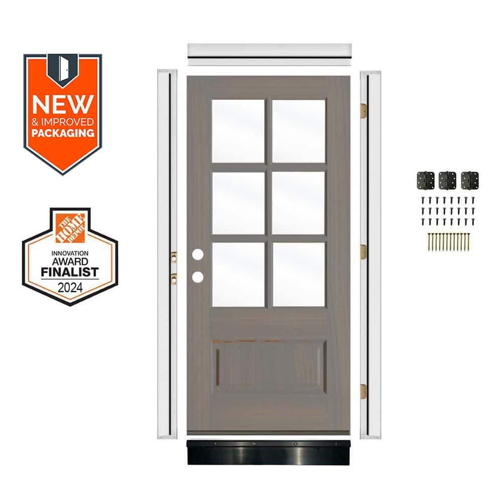 DIY 36in.x80in. Farmhouse Right-Handed 6-Lite Clear Glass Grey Stain Hemlock Wood Front Door Kit w/ Quick Assemble Jamb price history on PriceWatchPro