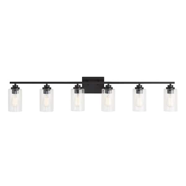 KAWOTI 43.2 in. 6-Light Black Vanity Light with Clear Glass Shades