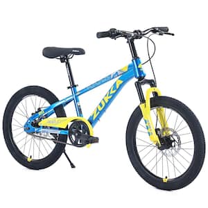 20 in. Age 7-10-Years Mountain Bike for Boys and Girls, Height Adjustable, Double Disc Brake in Blue Yellow