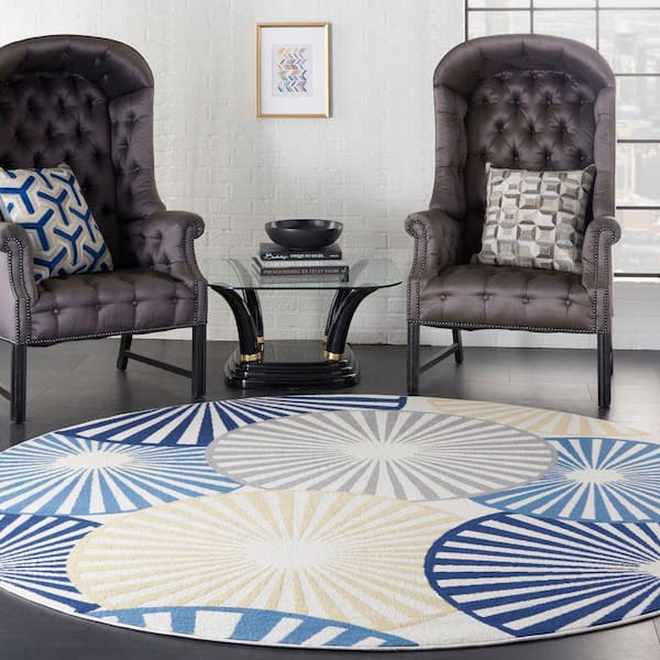 Grafix White 8 ft. x 8 ft. Geometric Contemporary Round Area Rug