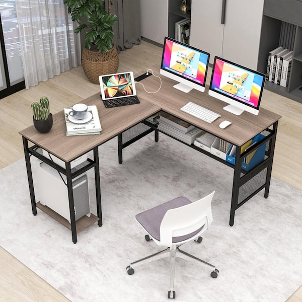 Costway 48 in. Gray Wood Reversible L Shaped Computer Desk Home Office Table Adjustable Shelf