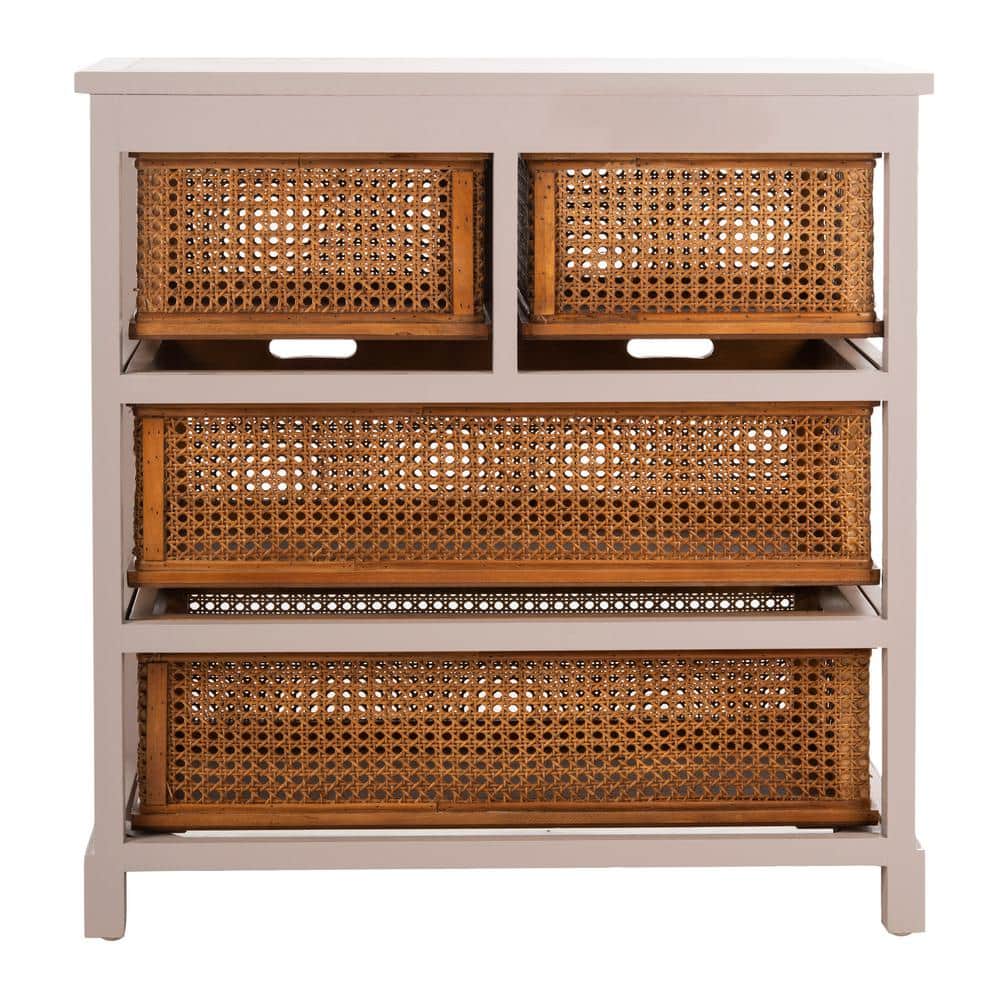Transitional White Pine 4-Drawer Storage Cabinet with Cane Baskets